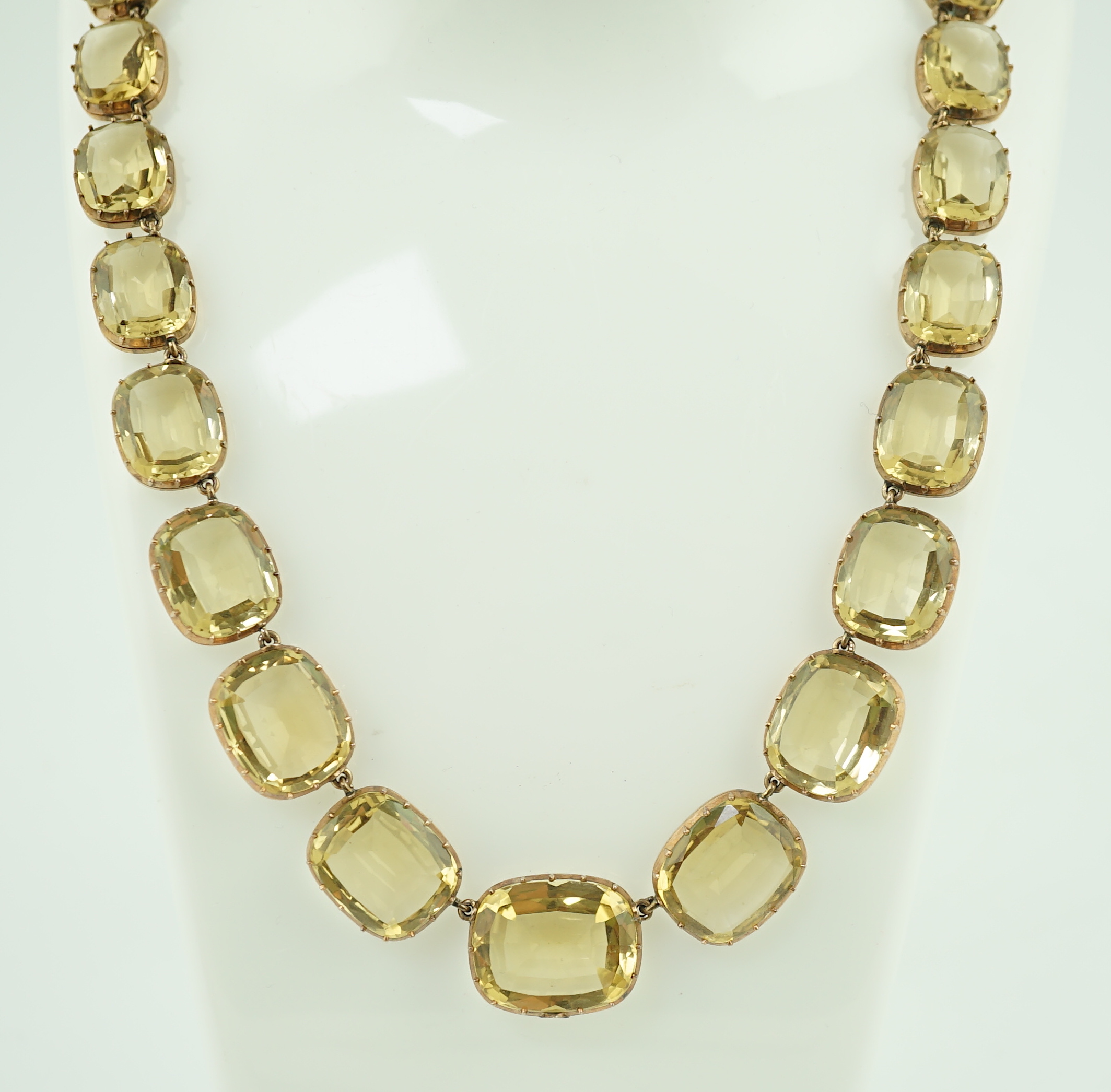 A Victorian gold and graduated cushion cut citrine necklace